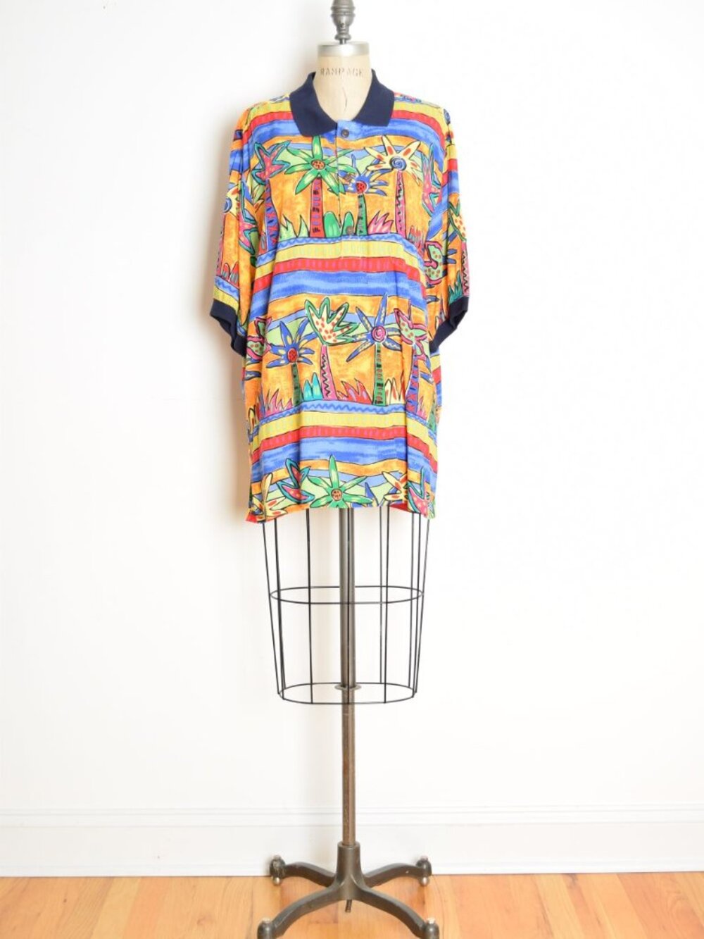 vintage 90s top polo collar shirt colorful palm print tropical blouse rayon XL